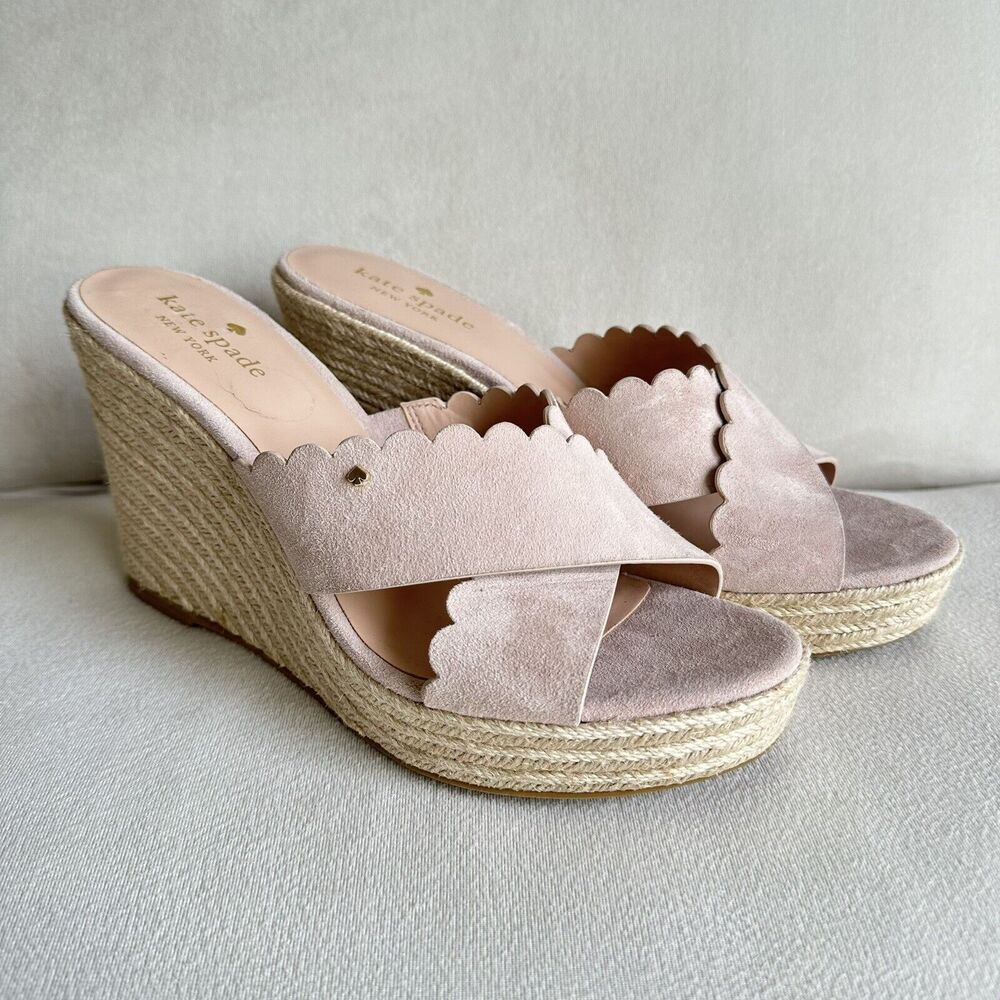 Kate spade Tegan Scallop Wedge Pink Suede Slip On Mule Size 9 NWOB